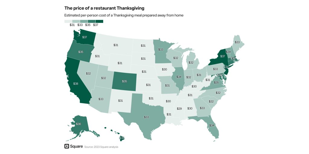The price of a restaurant Thanksgiving: Estimated per-person cost of a Thanksgiving meal prepared away from home (Graphic: Business Wire) 